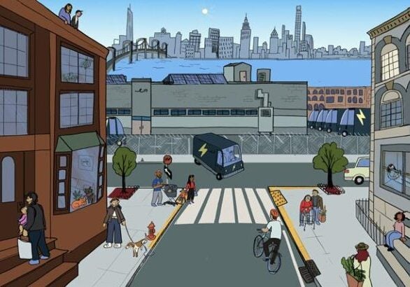 An illustration of a warehouse in a city. Quiet, clean electric delivery trucks are in the warehouse's parking lot. The streets across from the warehouse are filled with people going about their lives -- biking, shopping, walking a dog, families walking together, sitting on a front stoop, and more.