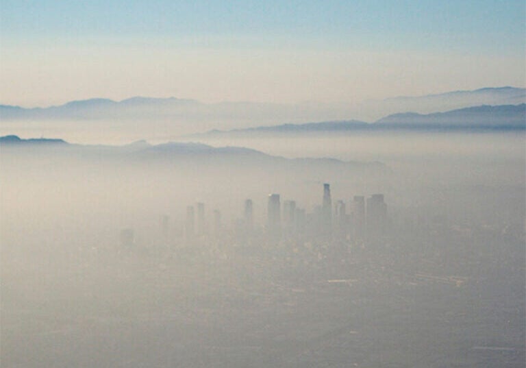 Smog covers the city of Los Angeles, CA.