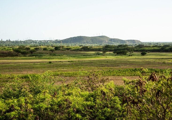 A wide open field. In the distance, transmission towers are visible along the tops of hills.