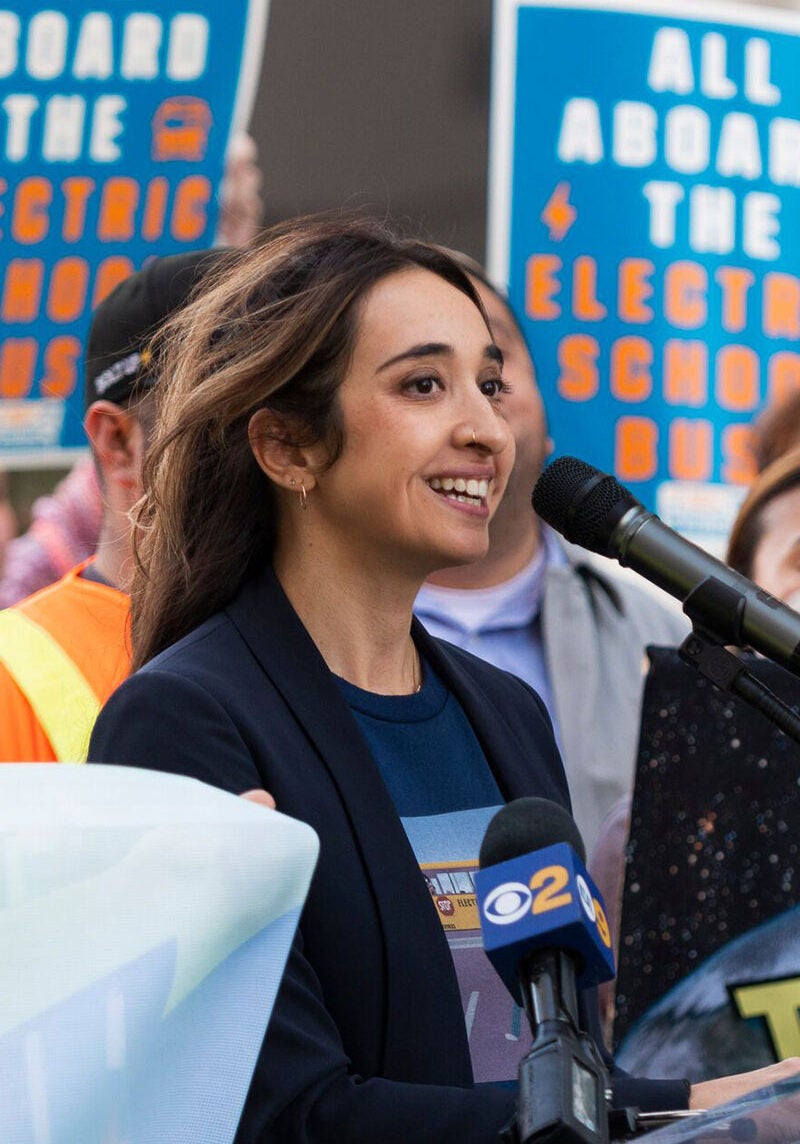 Yasmine speaks at a rally for electric school buses outside the LA Unified School District headquarters.