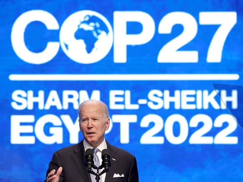 President Joe Biden speaks at the UNFCCC COP27 climate conference on November 11, 2022 in Sharm El Sheikh, Egypt.