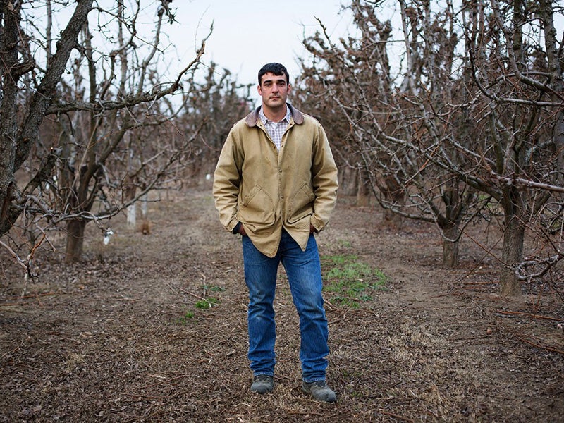 Brett Baker, a sixth generation farmer in the Delta, in his pear orchard.
(Brad Zweerink for Earthjustice)