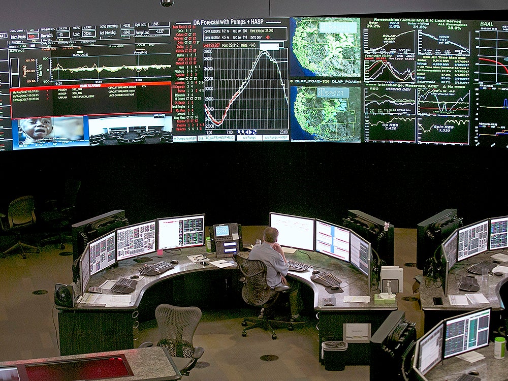 A worker at the California Independent System Operator grid control center in Folsom, Calif., monitors the state’s energy grid in 2017
(Rich Pedroncelli / AP)