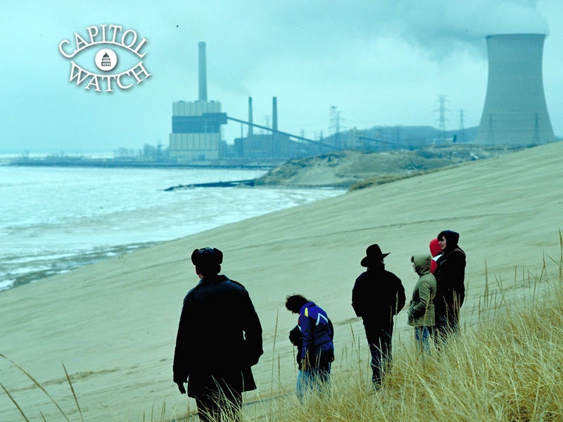 Lake Michigan dunes with power plant in background