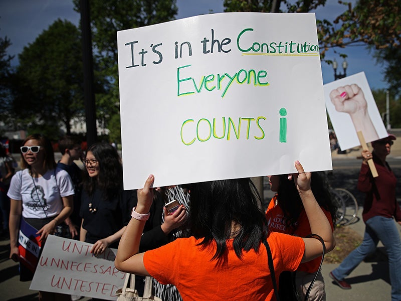 Advocates gathered outside the U.S. Supreme Court as the court heard oral arguments on Apr. 23, 2019, in Washington, D.C., on the proposed U.S. citizenship question on the 2020 Census.