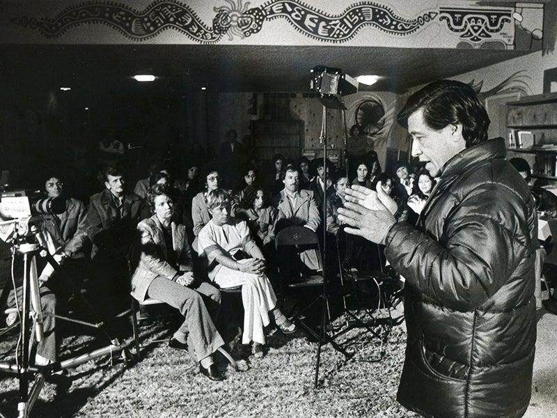 Cesar Chavez lecturing at Colegio Cesar Chavez in 1977.
