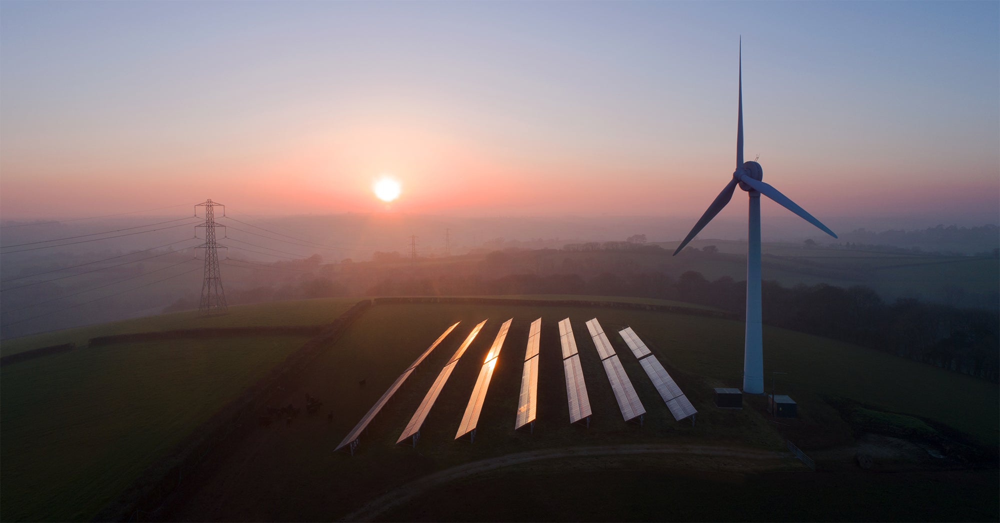 Solar panels and wind turbines in a field.