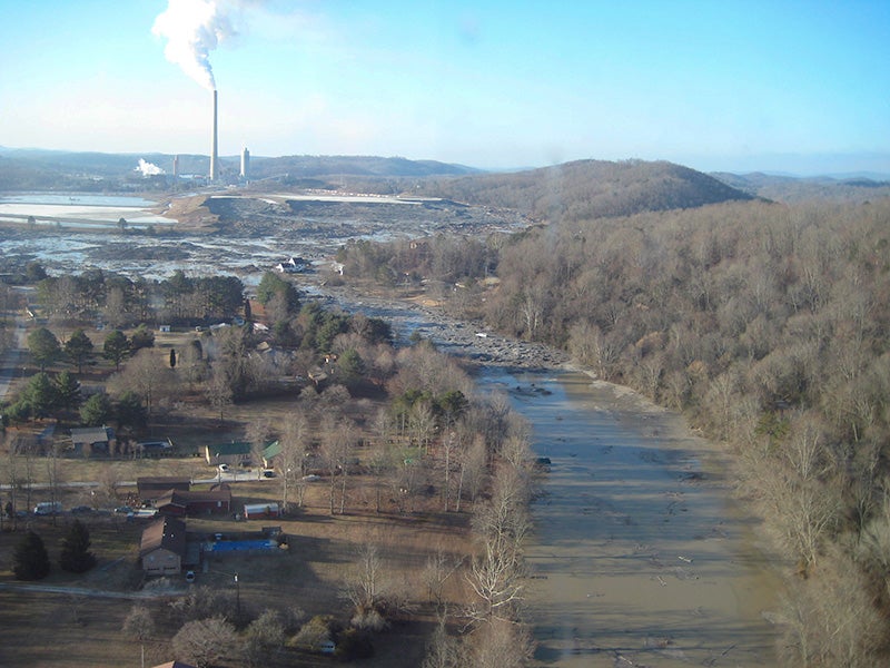 The devastating coal ash spill at Kingston, TN in December 2008. One billion gallons of toxic coal ash spilled from the Tennessee Valley Authority's Kingston Fossil Plant, covering 300 acres, destroying homes, poisoning rivers and contaminating coves and residential drinking waters.
(Photo courtesy of TVA)