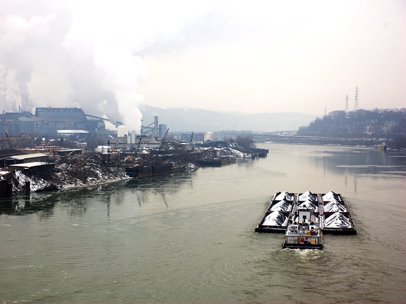 A barge on the Monongahela River, which flows north from West Virginia into southwestern Pennsylvania.