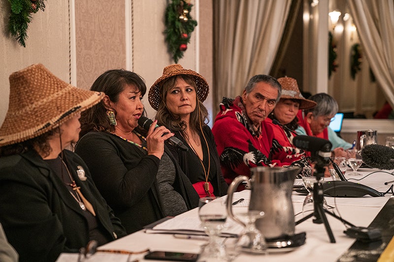 Aurelia Washington, of the Swinomish Tribe, speaks at a press conference held before First Nations and U.S. Coast Salish Tribes address the Canadian National Energy Board in Victoria, British Columbia.
(Alex Harris for Earthjustice)