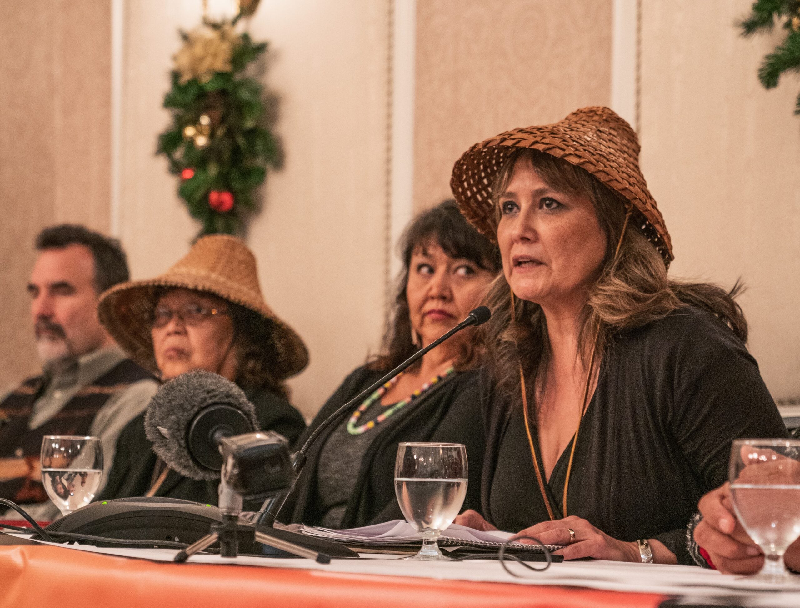 Lisa Wilson of the Lummi Nation speaks at a press conference held before First Nations and the U.S. Coast Salish Tribes addressing the Canadian National Energy Board in Victoria, British Columbia.
(Alex Harris for Earthjustice)
