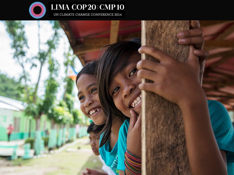 Girls at the newly reconstructed Bislig Elementary School in the island of Leyte, one year after Typhoon Haiyan devastated the region.