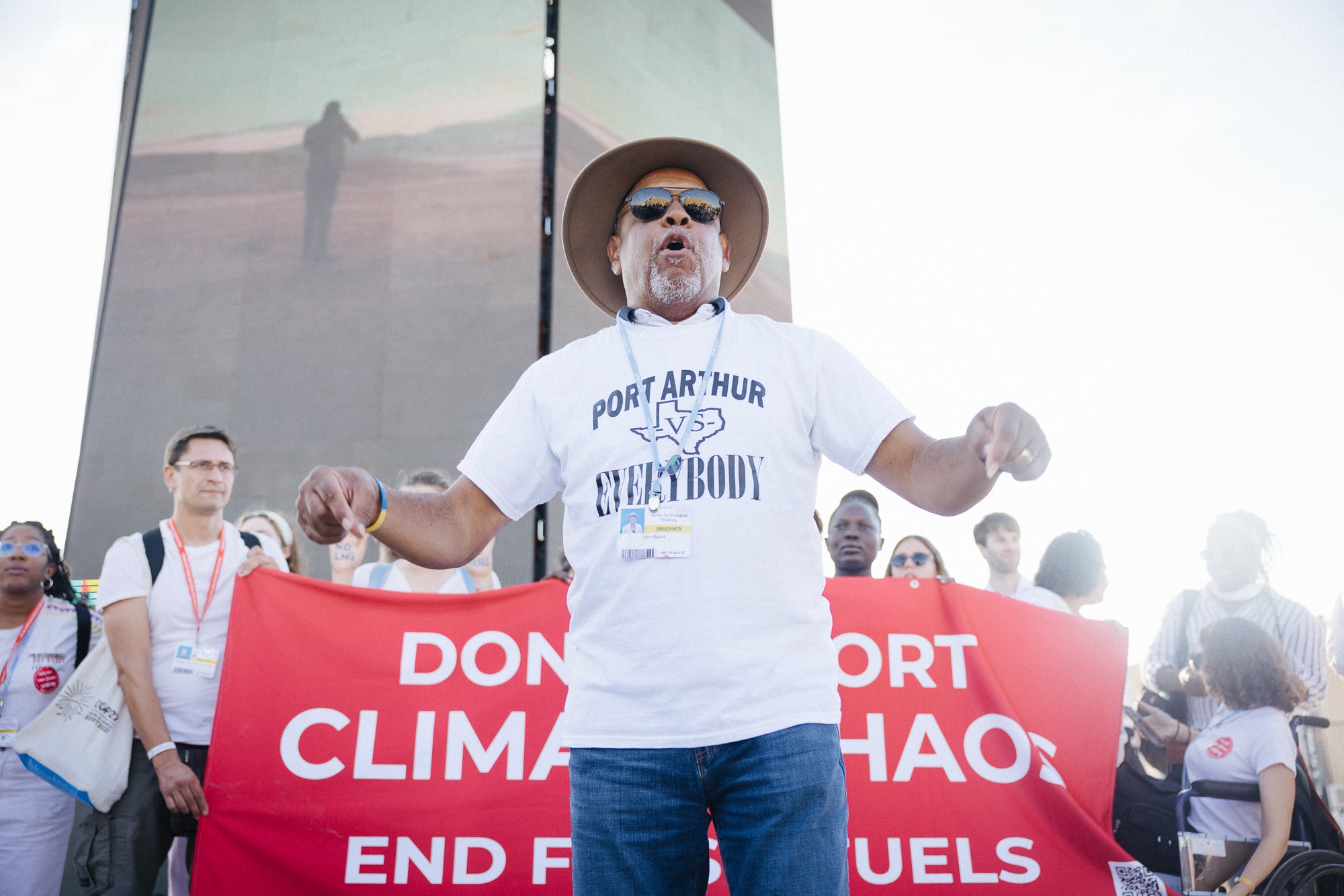 John Beard, with the Port Arthur Community Action Network, speaks during a demonstration on Nov. 9, 2022 at COP27.