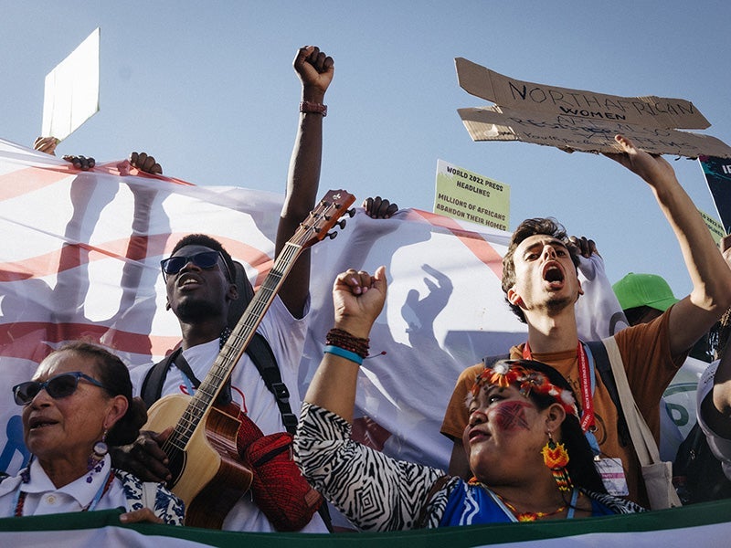 Demonstrators protest for climate justice, human rights, and the end of fossil fuels during the 2022 United Nations Climate Change Conference, in Sharm El-Sheikh, Egypt.