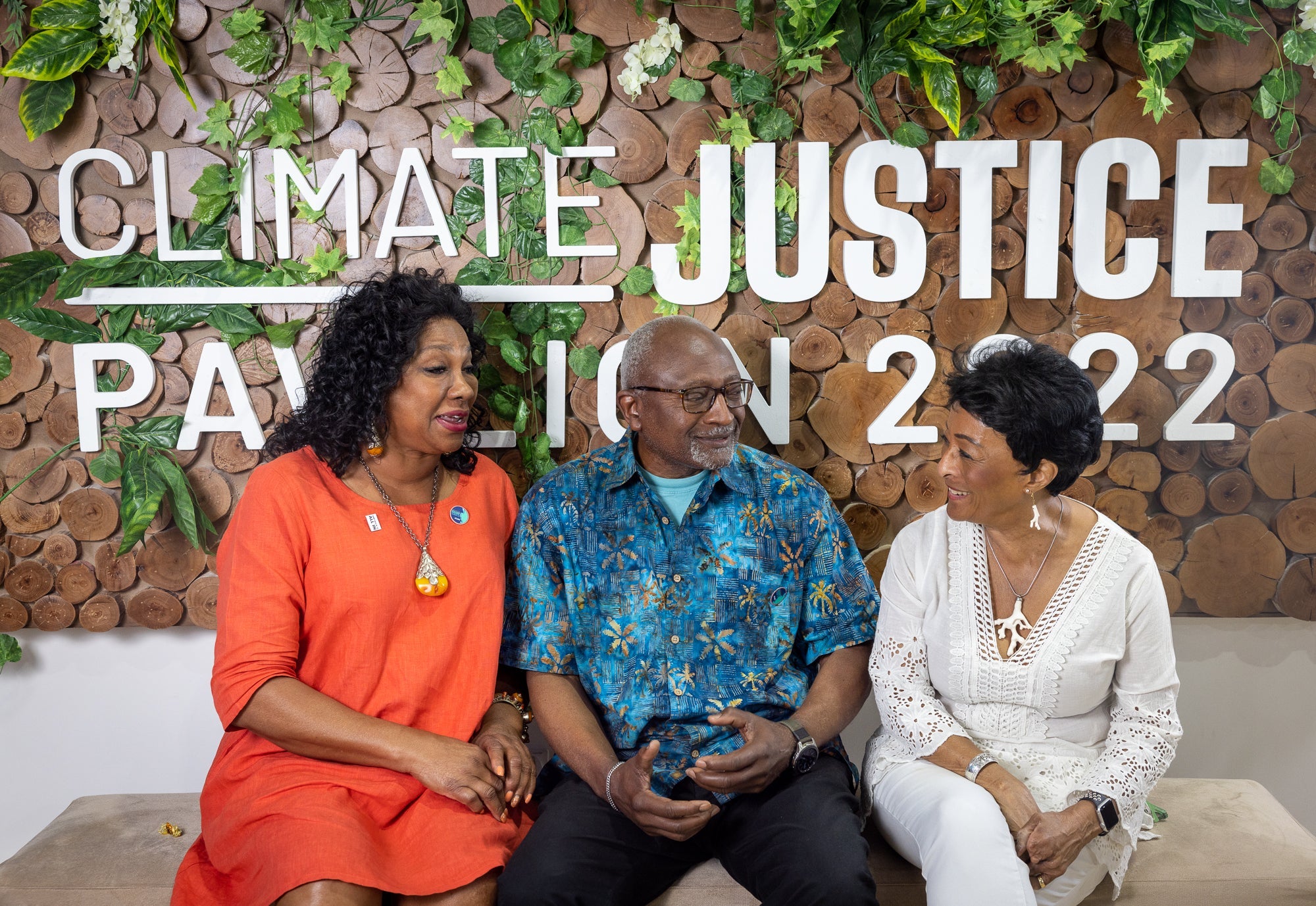 The founders and leaders of the organizations that created the Climate Justice Pavilion, from left: Dr. Beverly Wright of the Deep South Center for Environmental Justice, Dr. Robert Bullard of the Bullard Center for Environmental Justice, and Peggy Shepar