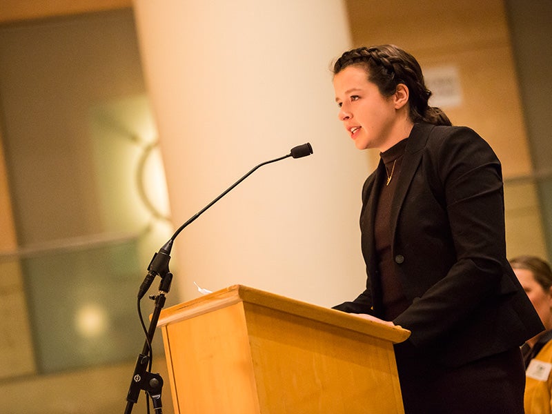 Colleen Fitzgerrell, who works on clean energy issues for Earthjustice, addresses EPA officials at a listening session on the repeal of the Clean Power Plan.