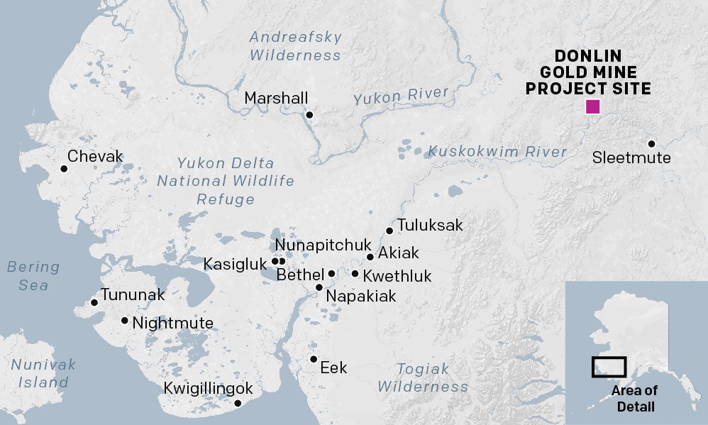 A map showing the location of Crooked Creek, a salmon spawning stream that flows into the Kuskokwim is where a vast open pit mine is slated be.