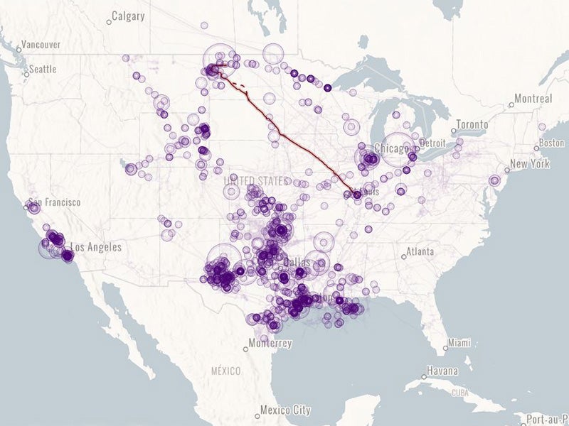 Map of over 1,500 oil spills across the US since 2010.