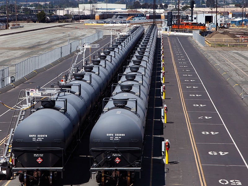 A crude oil train in a California rail yard.