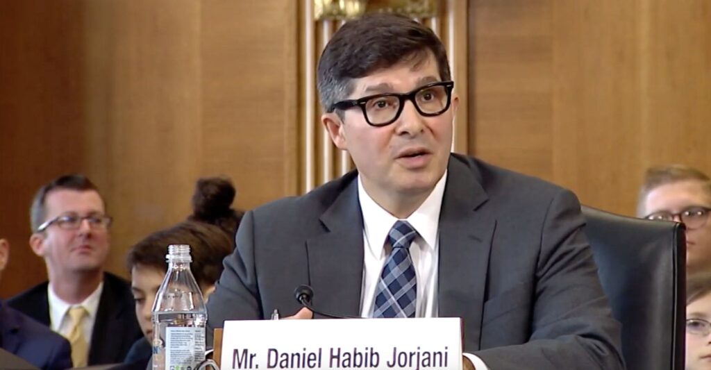 Daniel Jorjani, the nominee to serve as the Interior Department’s top lawyer, in a confirmation hearing before the Senate Energy and Natural Resources Committee on May 2, 2019. He misled members of Congress about his role in political screenings of the Interior Department's information releases in this hearing.
(YouTube / Senate Energy and Natural Resources Committee)