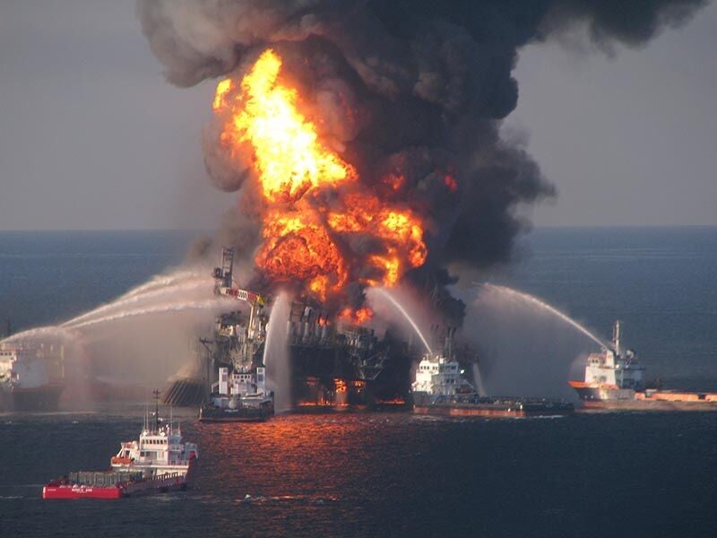 Fire boat response crews battle the blazing remnants of the offshore oil rig Deepwater Horizon.
(Photo Courtesy of U.S. Coast Guard)