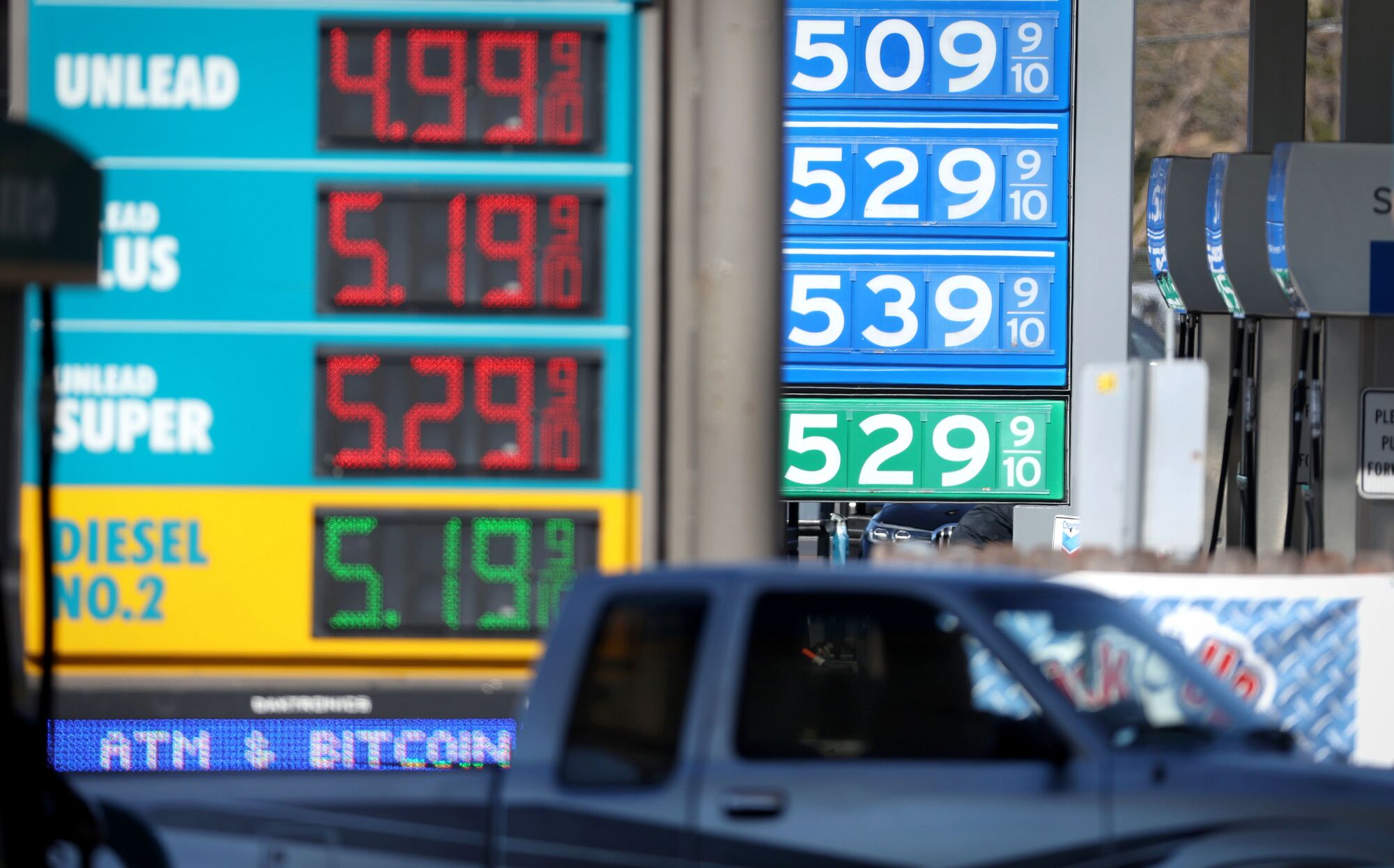 Gas prices over $5.00 a gallon are displayed at Valero and Chevron gas stations on February 23, 2022, in Mill Valley, California.