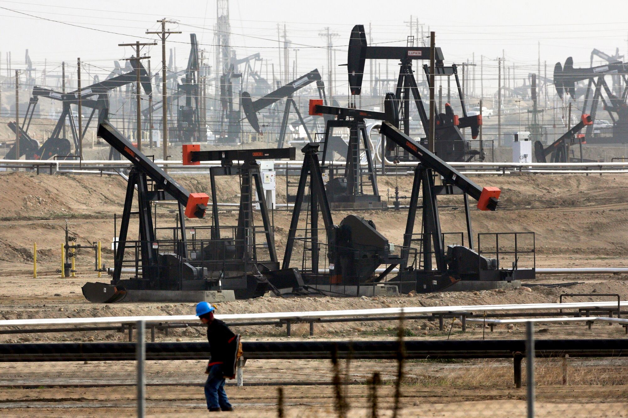 Pumpjacks operating at the Kern River Oil Field in Bakersfield, California in 2015.