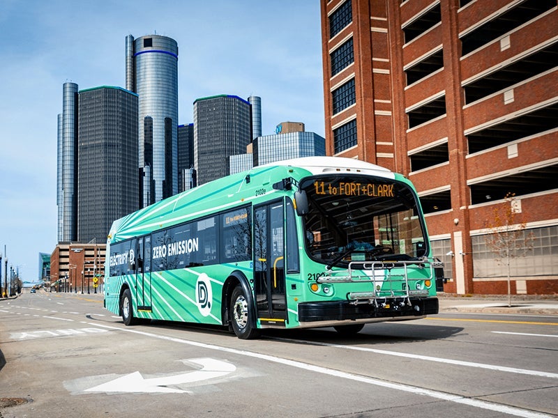 Newly deployed electric buses by the Detroit Department of Transportation.
