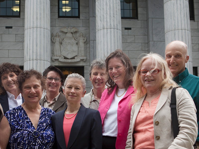 Earthjustice Managing Attorney Deborah Goldberg stands with residents from the town of Dryden at the New York Court of Appeals in June of 2014.