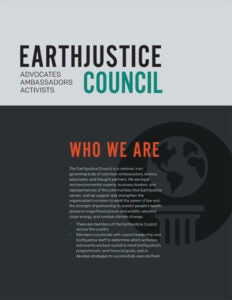 Cover of brochure for the Earthjustice Council.