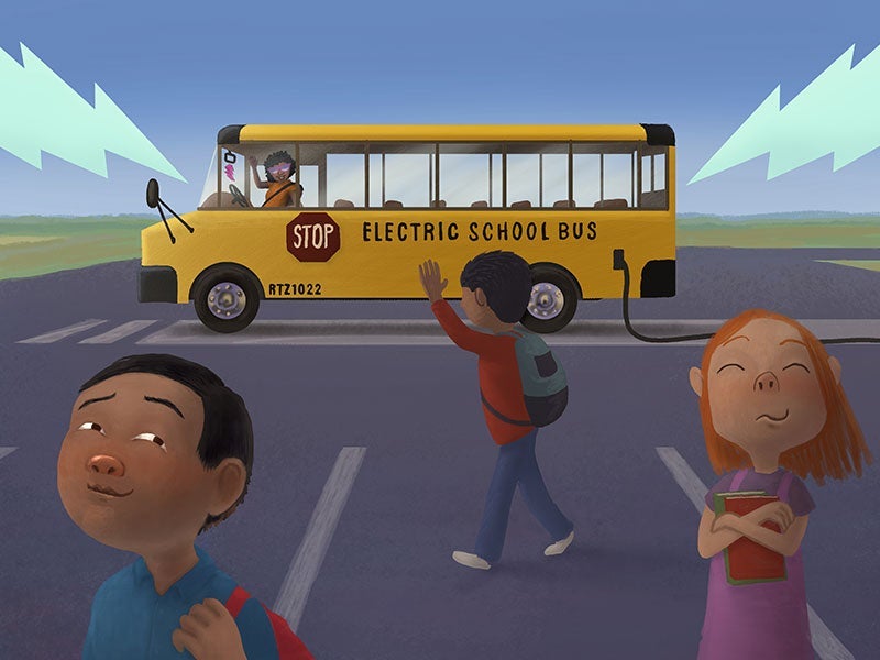 Illustration of youth standing in parking lot in front of a yellow electric school bus. One youth is waving to the bus driver.
