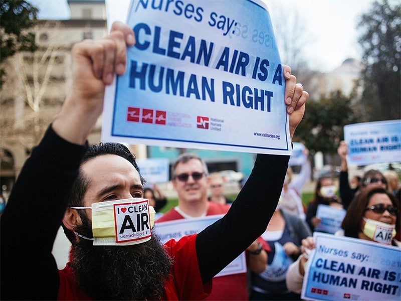 Matthew Elliot of the California Nurses Association rallied outside the EPA's hearing in Sacramento, CA, on February 2, 2015. The nurses joined concerned community members to call for an ozone pollution standard of 60 parts-per-billion to improve the quality of the air we all breathe.
(Chris Jordan-Bloch / Earthjustice)