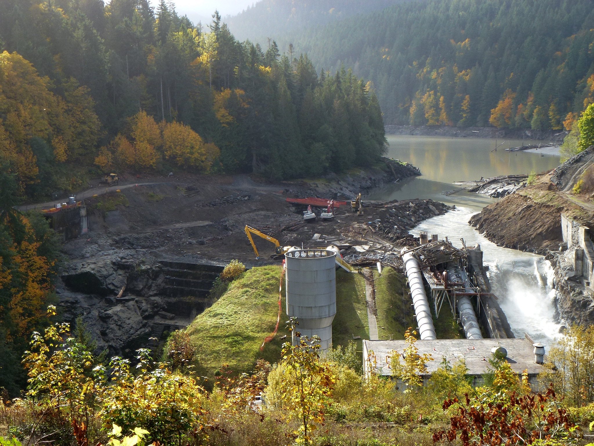 Removal of the century-old Elwha Dam, October 23, 2011. It was the largest dam removal operation in U.S. history. Today, the Elwha River once again flows freely from its headwaters in the Olympic Mountains to the Strait of Juan de Fuca.