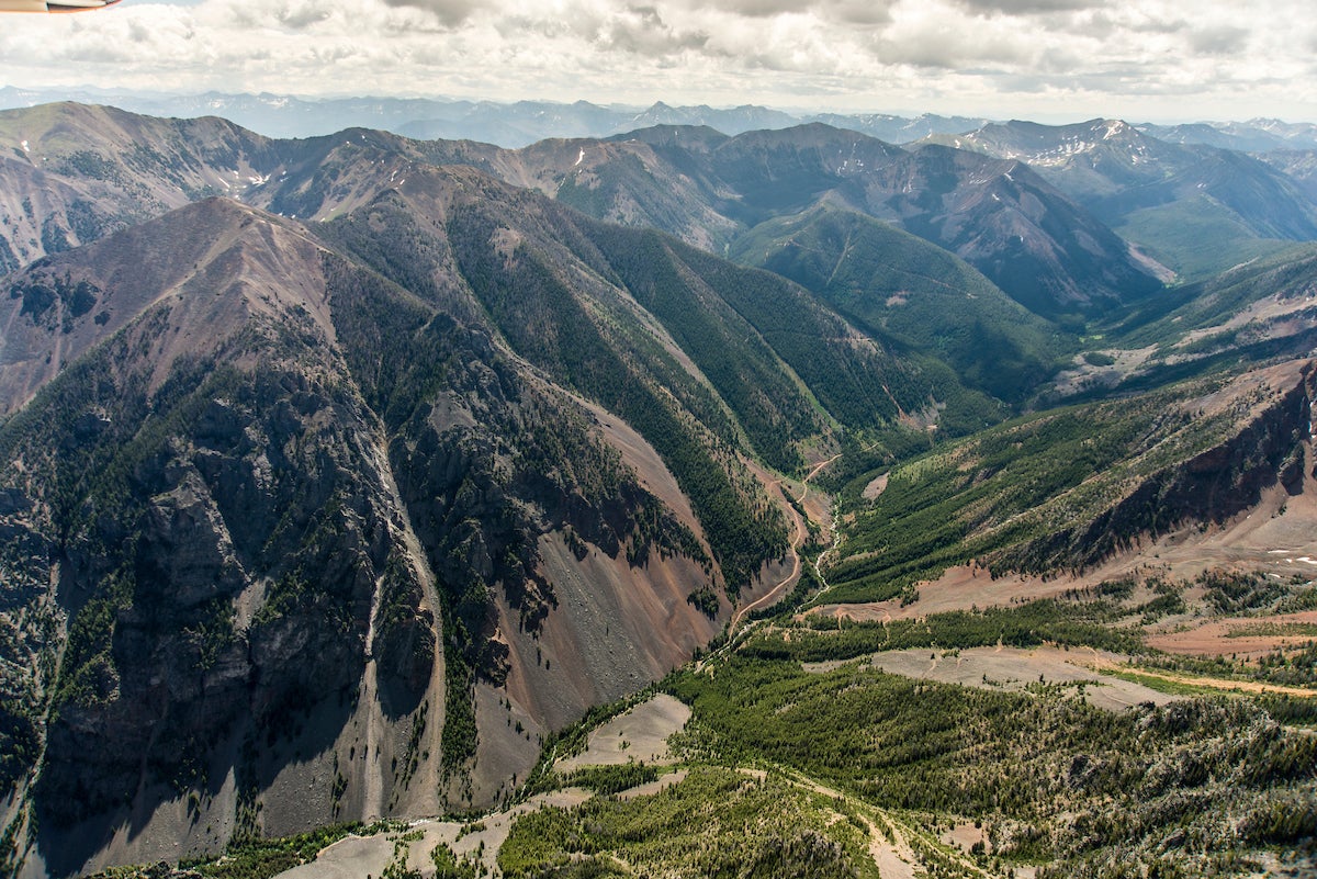 Emigrant Gulch aerial view looking east from Emigrant Peak.