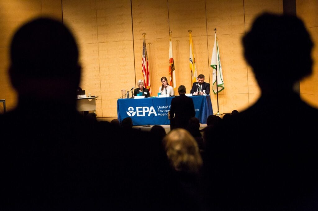 Speakers at the listening session held by the U.S. Environmental Protection Agency on the proposed repeal of the Clean Power Plan, in San Francisco on Feb. 28, 2018.
(Martin do Nascimento / Earthjustice)