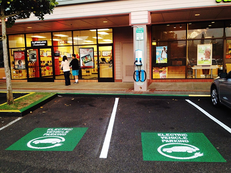 Charging stations outside of stores in Mililani, Hawaii.