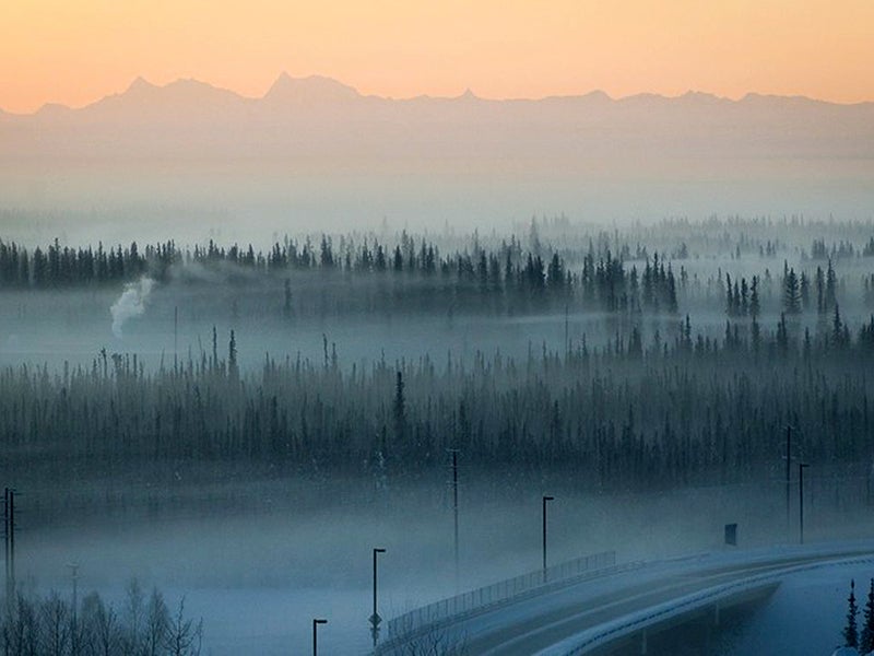 Air pollution hangs over Fairbanks, Alaska.
