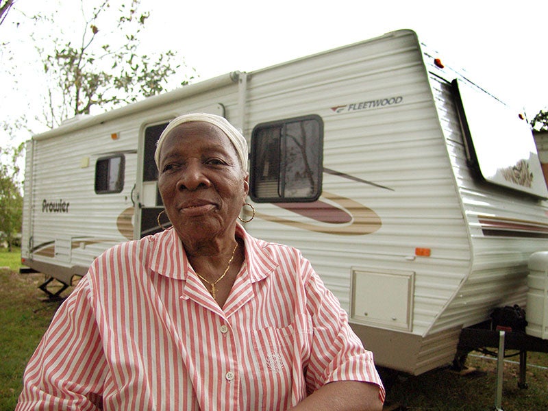 FEMA housed Hurricane Katrina victim Martha Hentor, 82, in this trailer in Gulfport, Mississippi. Some of the trailers FEMA provided to hurricane refugees emitted toxic levels of formaldehyde, a cancer-causing chemical.