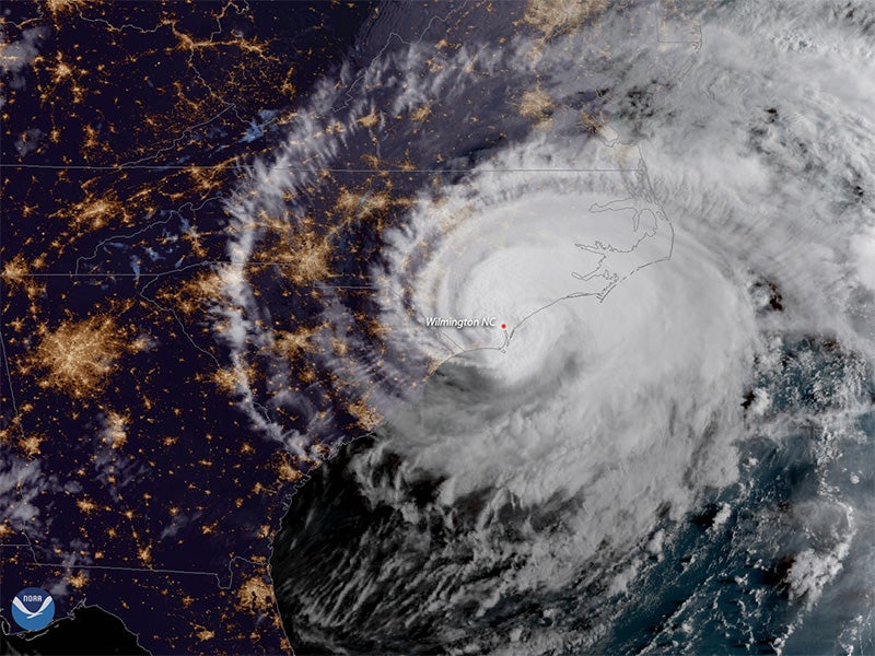 Hurricane Florence made landfall near Wrightsville Beach, North Carolina, at 7:15a.m. ET, Sept. 14, as a Category 1 storm. The GOES East satellite captured this geocolor image of the massive storm at 7:45a.m. ET, shortly after it moved ashore.