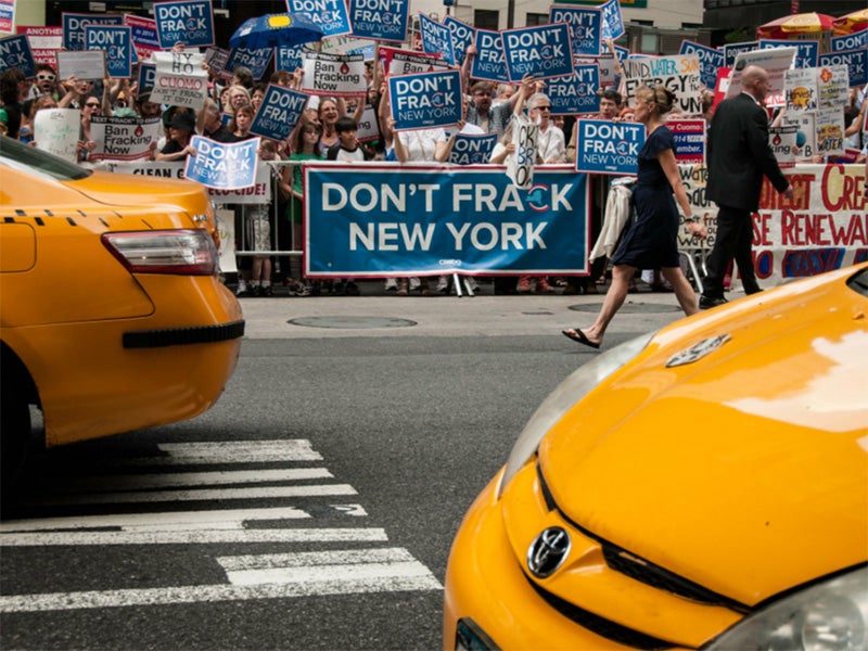 An anti-fracking demonstration outside of New York Governor Cuomo&#039;s office in Manhattan, NY, in October of 2012.