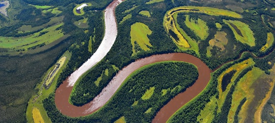 Kuskokwim River, in southwest Alaska. The Donlin mine's massive industrial operation will destroy thousands of acres of wetlands and streams and cause permanently elevated levels of dangerous metals in local water. (Peter Griffith / NASA)