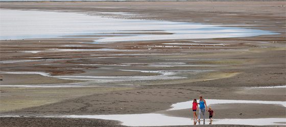 Park visitors walk along a section of the Great Salt Lake that used to be underwater at the Great Salt Lake State Park on August 02, 2021 near Magna, Utah. (Justin Sullivan / Getty Images)