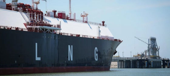 A large liquified natural gas transport ship sits docked in the Calcasieu River on Wednesday, June 7, 2023, near Cameron, Louisiana. (Jon Shapley / Houston Chronicle via Getty Images)