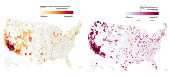 Maps of smog and soot air pollution by county in 2022. (Air Quality System Data / U.S. EPA)