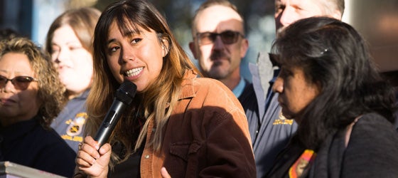 Andrea Vidaurre speaks at a rally for clean trucks in Sacramento, California. (Chris Jordan-Bloch / Earthjustice)