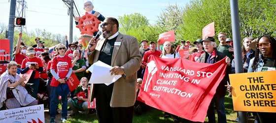 POWER Interfaith Executive Director Bishop Dwayne Royster speaks during the Fight For Our Future: Rally For Climate, Care, Jobs & Justice on April 22, 2022 in Malvern, Pennsylvania. (Lisa Lake / POWER Interfaith via Getty Images)