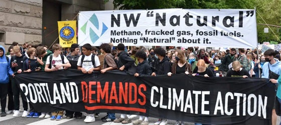 NW Natural was one of the fossil fuel companies protested against during a Portland Youth Climate Strike march in Portland, Oregon on May 20, 2022. (Nick Cunningham / DeSmog.com)