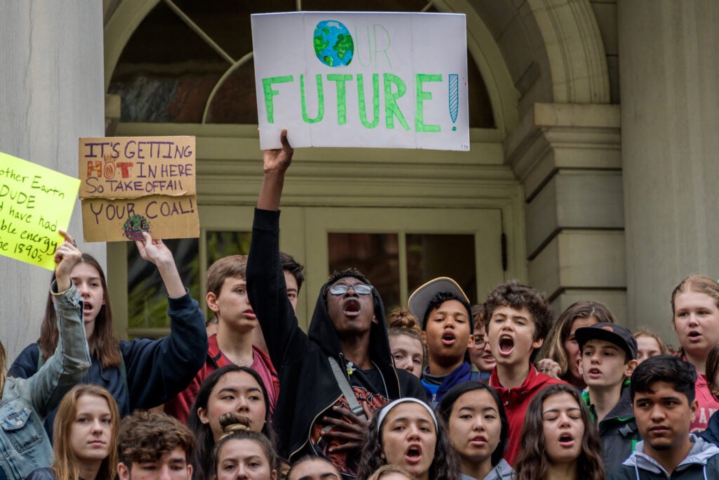 CITY HALL, NEW YORK, UNITED STATES - 2019/05/03: Hundreds students took part in the School Strike for Climate on May 3, 2019 in New York City, joining over 500 events worldwide. The students held a rally and perform a die in outside City Hall to bring attention to Mayor De Blasio's inaction to declare a climate emergency. (Photo by Erik McGregor/Pacific Press/LightRocket via Getty Images)