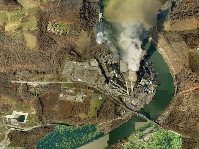 The Hatfield's Ferry plant is located along the Monongahela River that flows north from West Virginia into southwestern Pennsylvania.
(Aerial image (c) 2014 Microsoft Corporation)