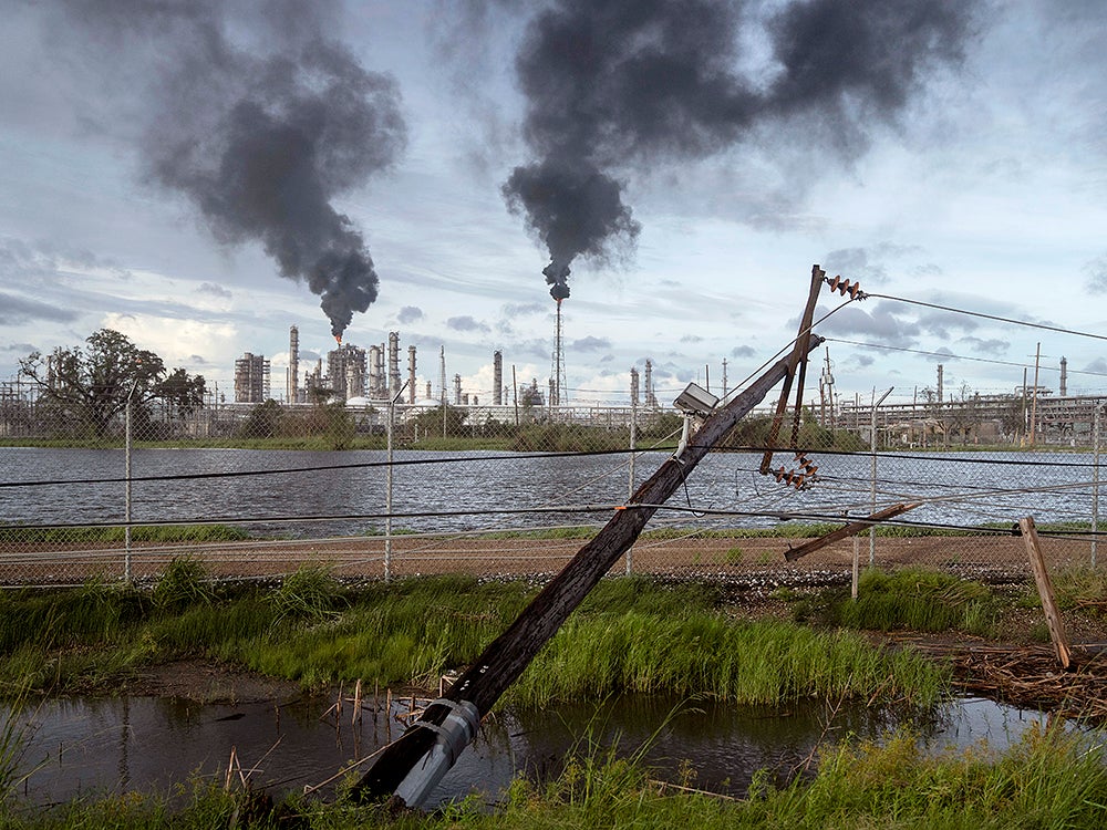 Hurricane Ida toppled these power lines near a petroleum refinery outside LaPlace, Louisiana. Ida&#039;s eastern wall went right over LaPlace, inflicting heavy damage on the area.